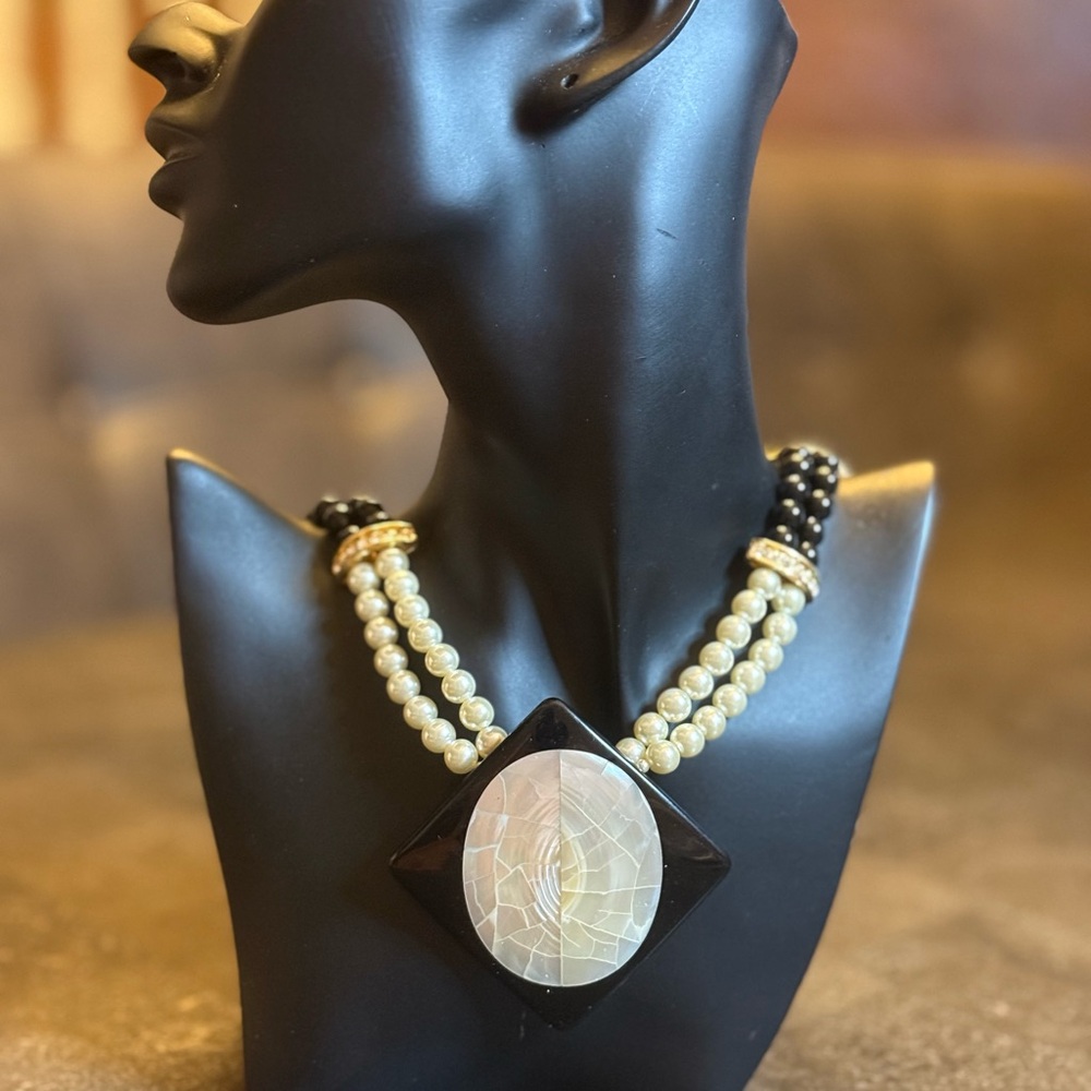 Black Multi-Strand Necklace with Oval Pendant